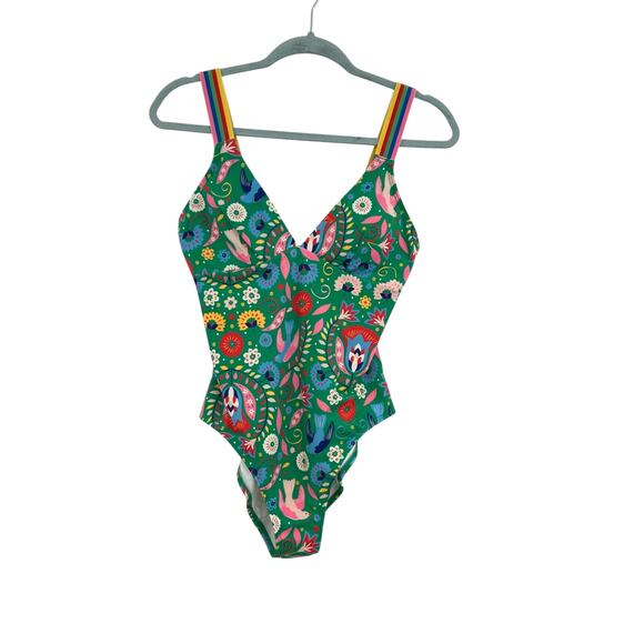 Boden Stripe Trim Swimsuit One Piece Decorative Garden Floral Green Size US 8 - Picture 2 of 11
